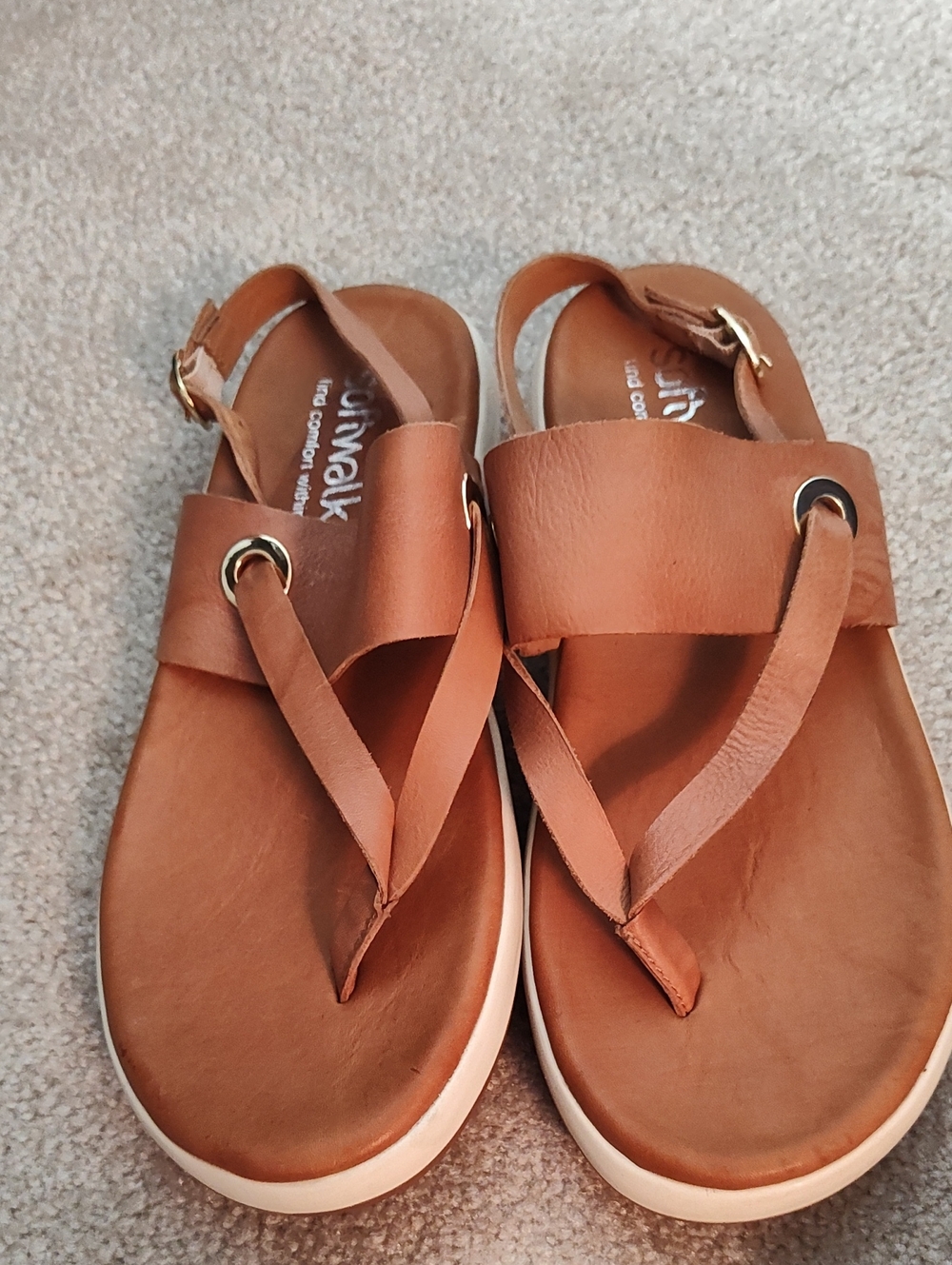 SoftWalk Women’s Brown Leather Thong Sandals with Gold Accent